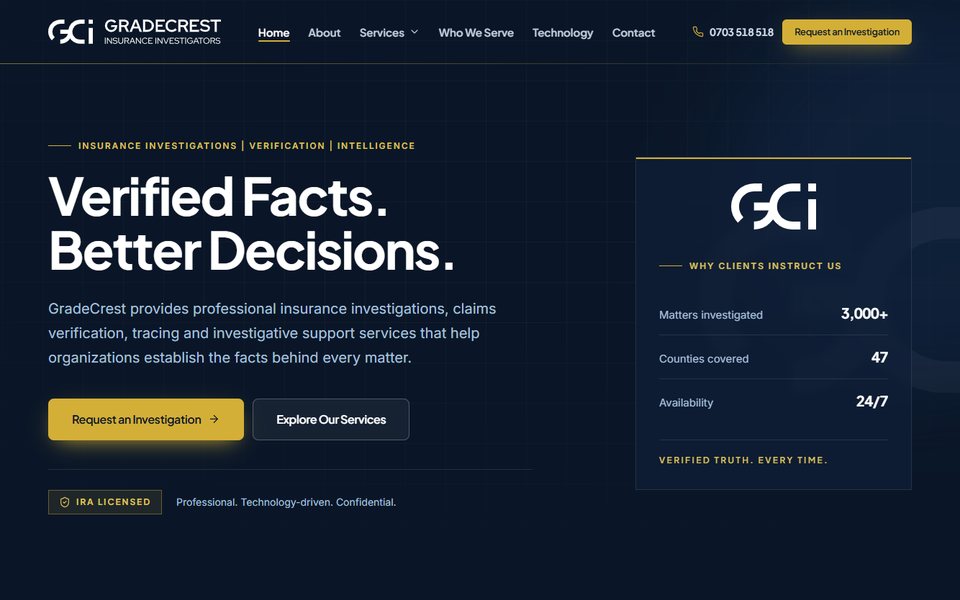 Gradecrest Insurance Investigators website homepage